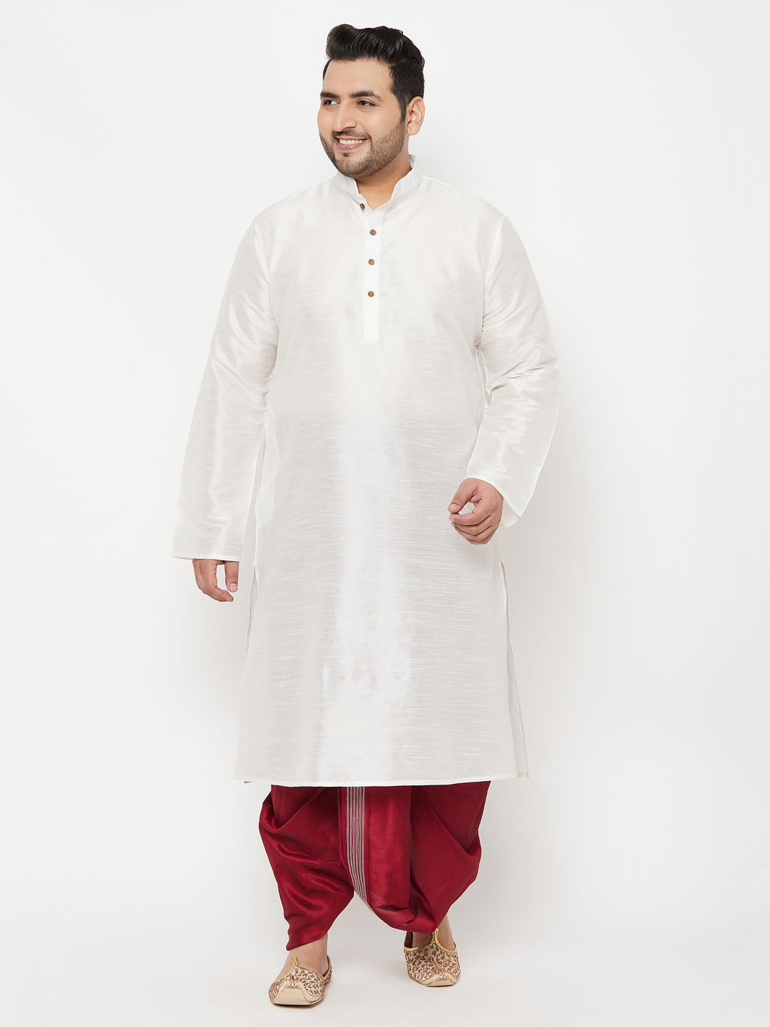 Vastramay Men's Plus Size White Silk Blend Kurta And Maroon Dhoti Set