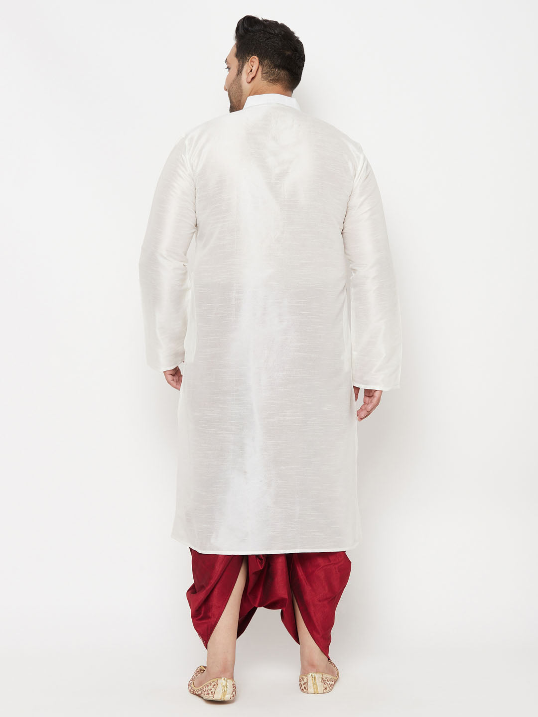 Vastramay mens plus size white cotton kurta and maroon dhoti set