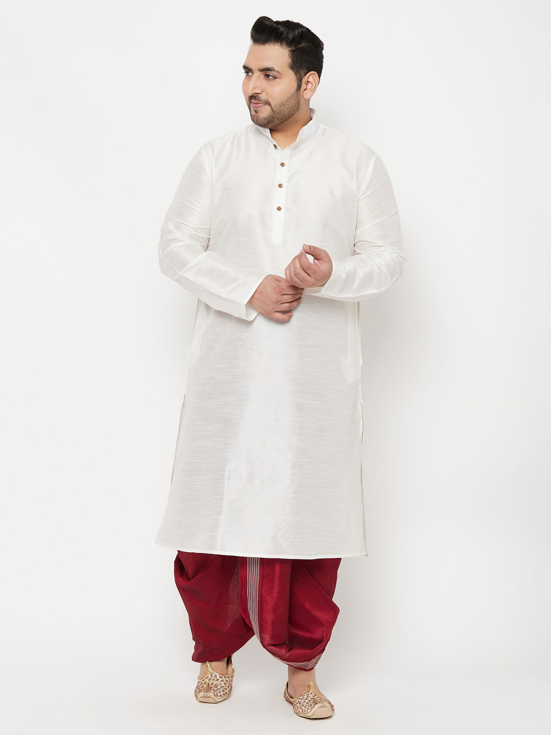 Vastramay mens plus size white cotton kurta and maroon dhoti set