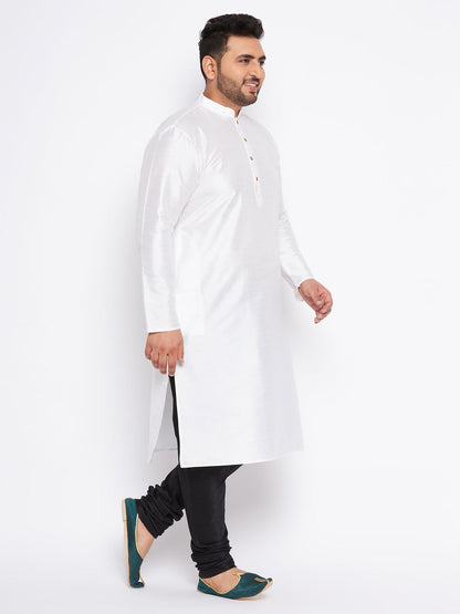 VASTRAMAY Men's Plus Size White Silk Blend Kurta And Black Pyjama Set