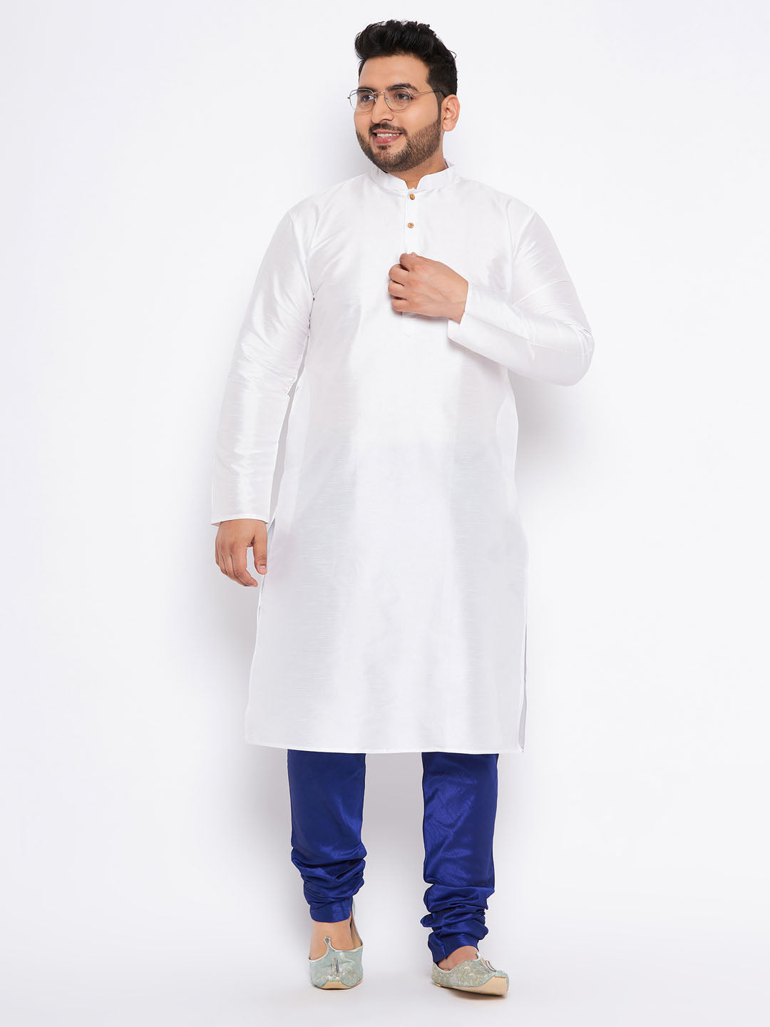 VASTRAMAY Men's Plus Size White Silk Blend Kurta And Blue Pyjama Set