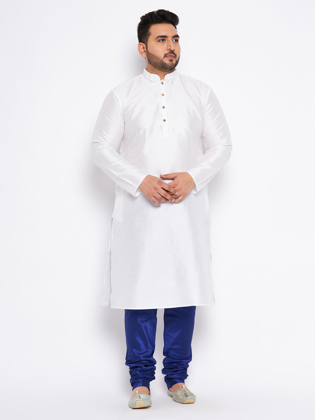 VASTRAMAY Men's Plus Size White Silk Blend Kurta And Blue Pyjama Set