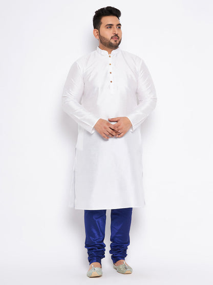 VASTRAMAY Men's Plus Size White Silk Blend Kurta And Blue Pyjama Set