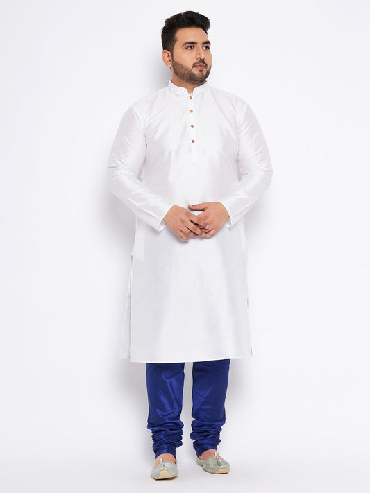 VASTRAMAY Men's Plus Size White Silk Blend Kurta And Blue Pyjama Set