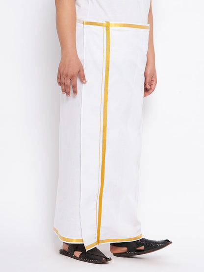 VASTRAMAY Men's Plus Size White And Gold Dhoti/Mundu/Vesty