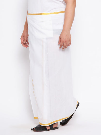 VASTRAMAY Men's Plus Size White And Gold Dhoti/Mundu/Vesty