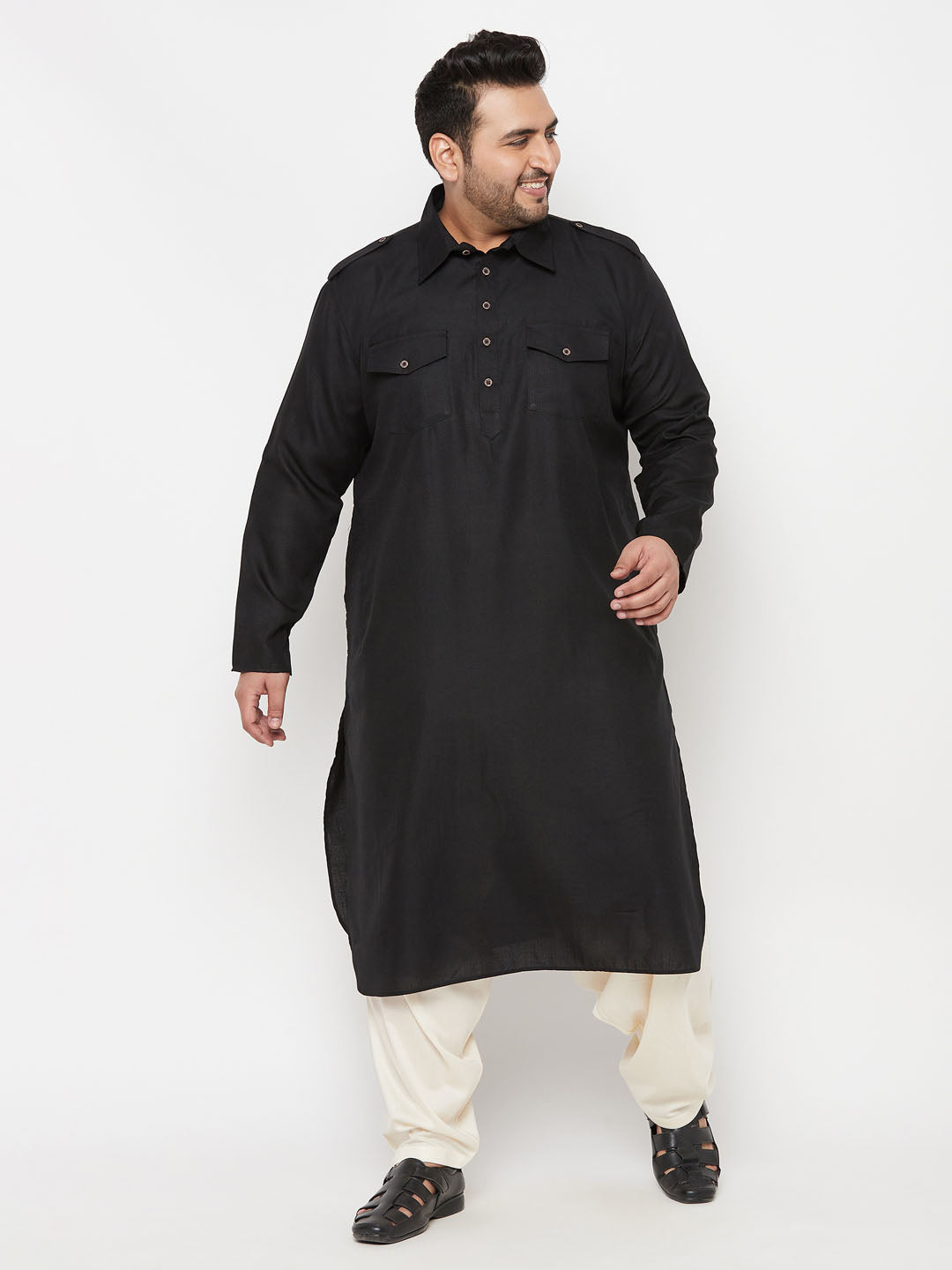 mens plus size black and cream cotton blend pathani set