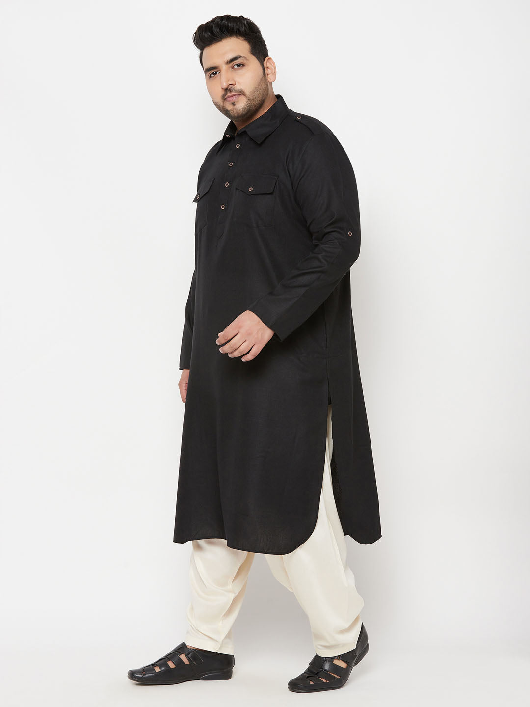 mens plus size black and cream cotton blend pathani set