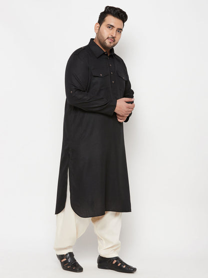 Vastramay Men's Plus Size Black and Cream Cotton Blend Pathani Set