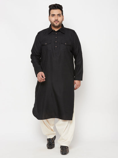 Vastramay Men's Plus Size Black and Cream Cotton Blend Pathani Set