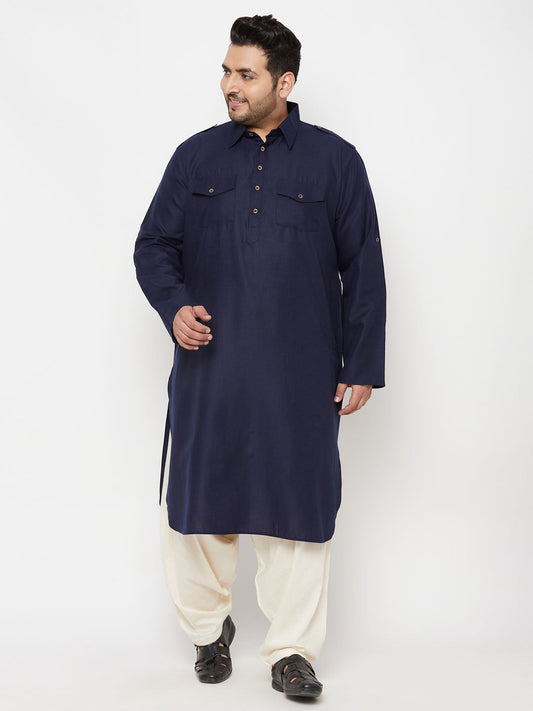 mens plus size blue and cream cotton blend pathani set