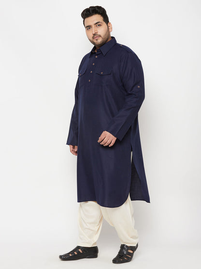 mens plus size blue and cream cotton blend pathani set