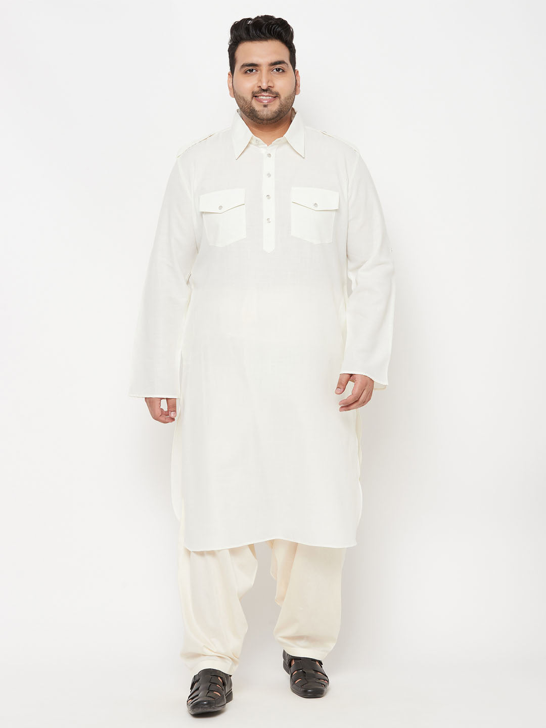 Vastramay mens plus size cream cotton blend pathani kurta