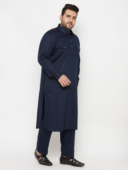 Vastramay Men's Plus Size Blue Cotton Blend Pathani Kurta