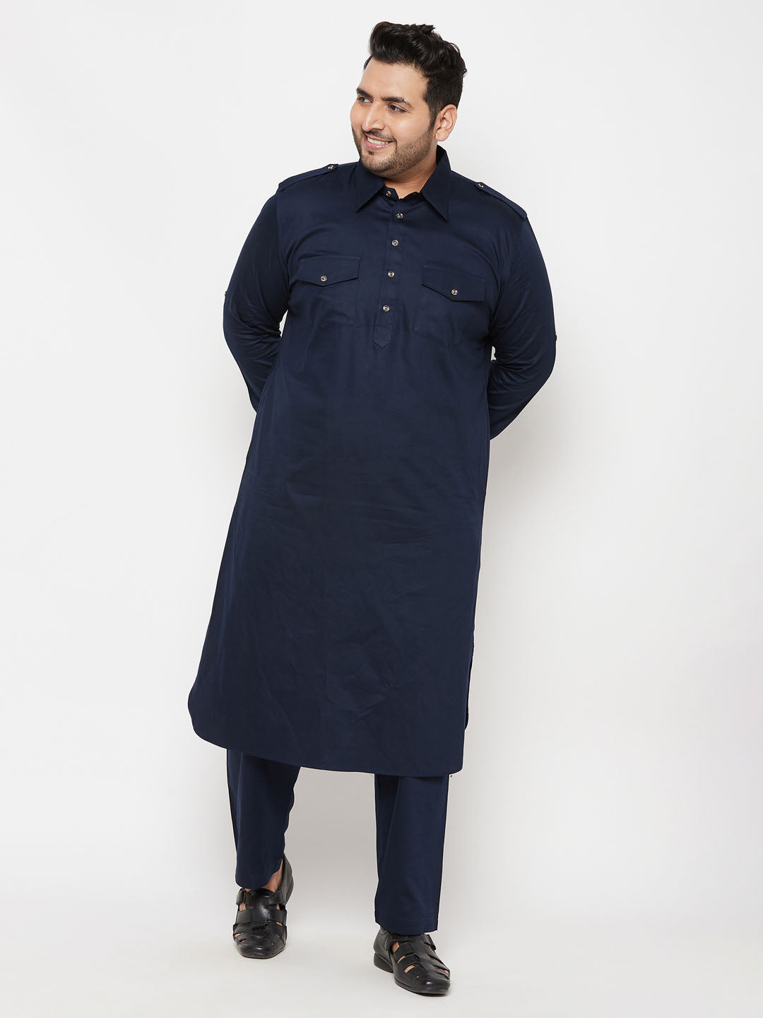 Vastramay Men's Plus Size Blue Cotton Blend Pathani Kurta