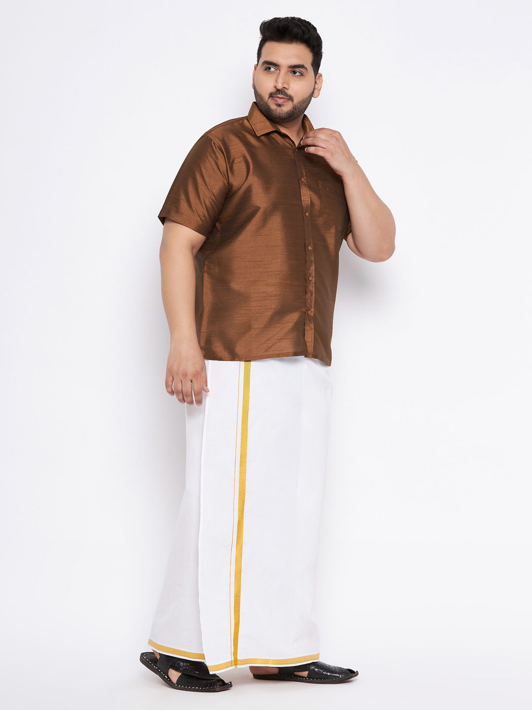 VASTRAMAY Men's Plus Size Coffee Shirt And Mundu Set