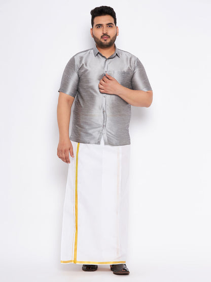 VASTRAMAY Men's Plus Size Grey Shirt And Mundu Set