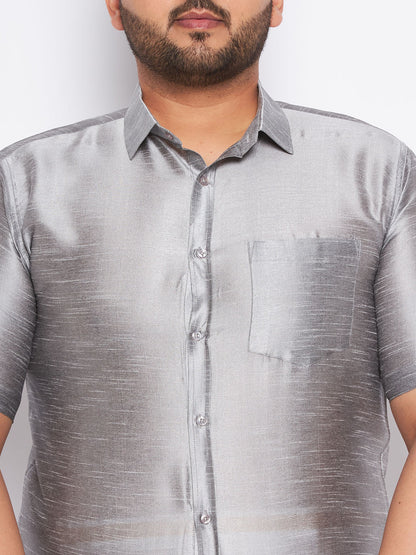 VASTRAMAY Men's Plus Size Grey Shirt And Mundu Set