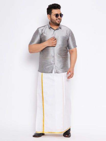 VASTRAMAY Men's Plus Size Grey Shirt And Mundu Set