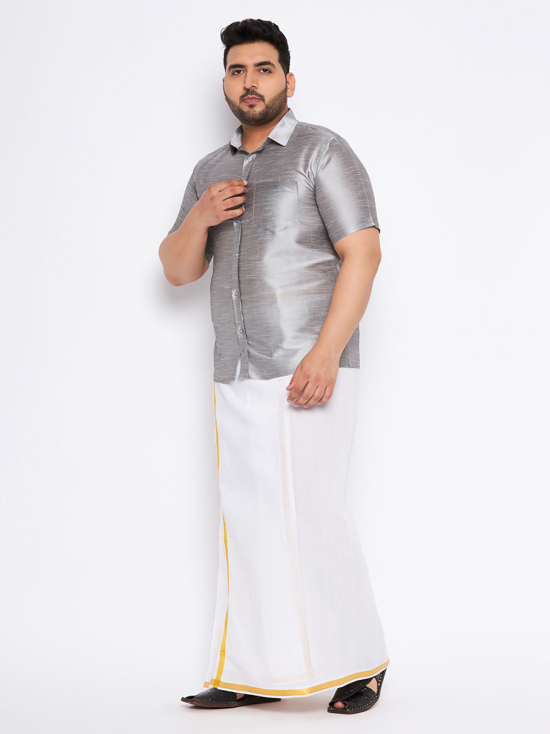 VASTRAMAY Men's Plus Size Grey Shirt And Mundu Set – Pushmycart.in