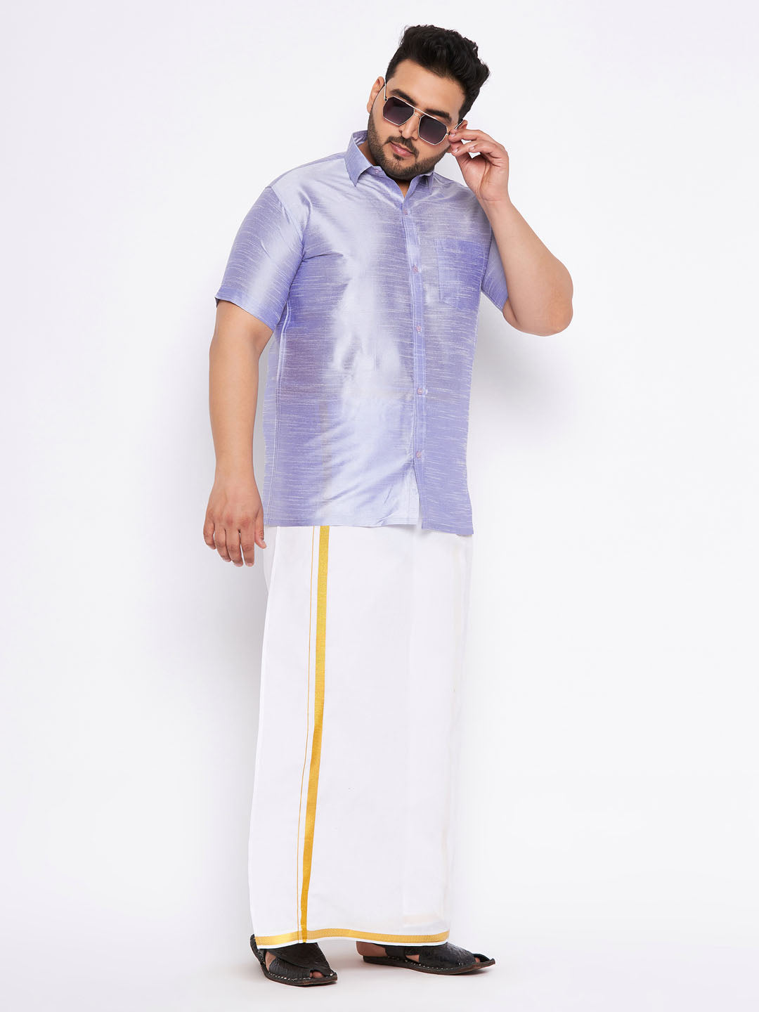 VASTRAMAY Men's Plus Size Lavender Shirt And Mundu Set