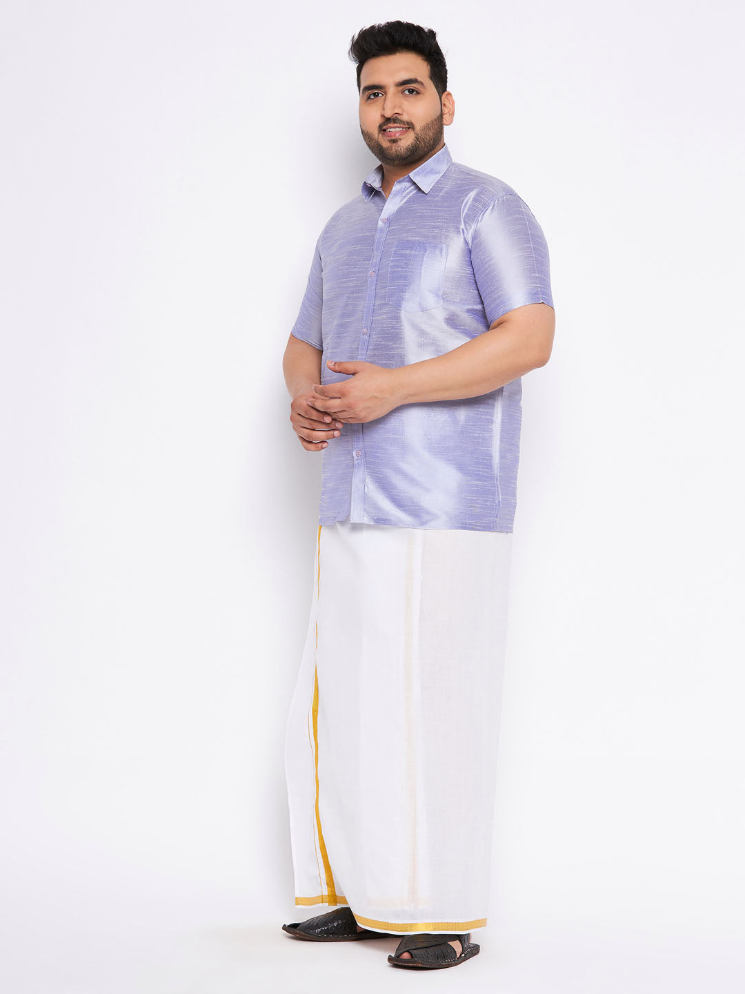 VASTRAMAY Men's Plus Size Lavender Shirt And Mundu Set