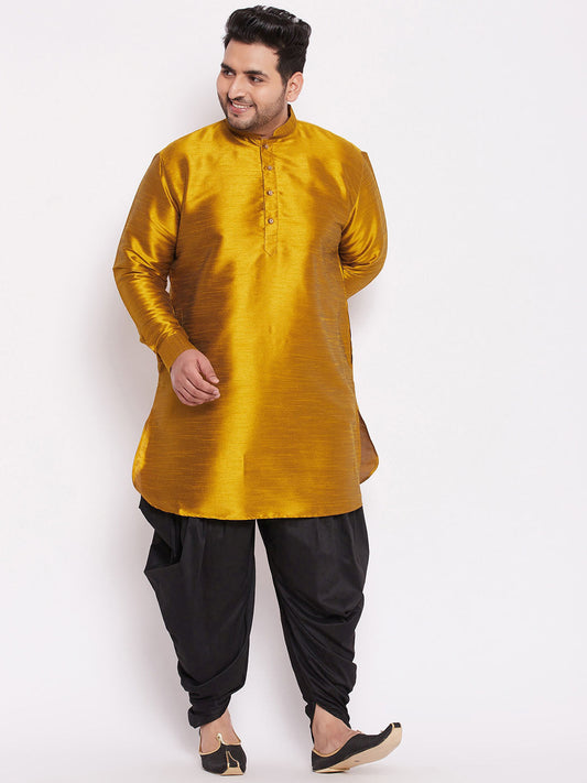 Vastramay mens plus size mustard and black silk blend kurta and dhoti set