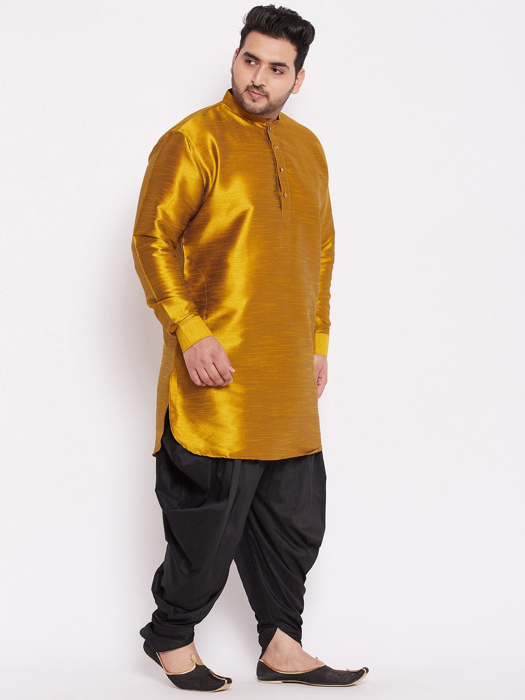 Vastramay mens plus size mustard and black silk blend kurta and dhoti set