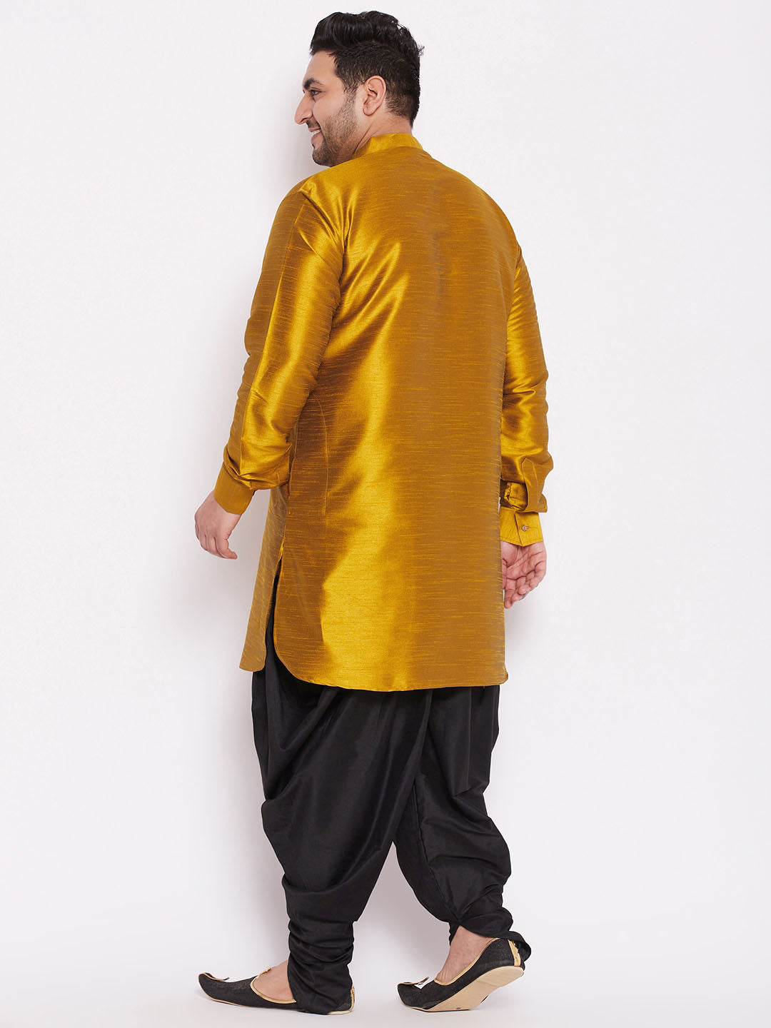 Vastramay mens plus size mustard and black silk blend kurta and dhoti set