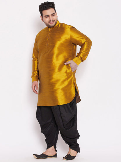 Vastramay mens plus size mustard and black silk blend kurta and dhoti set