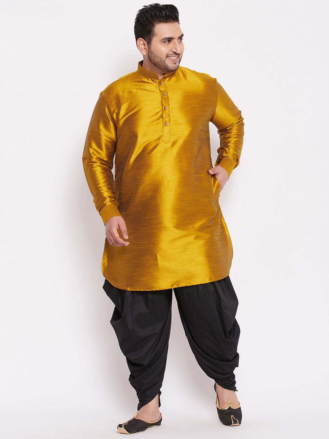 Vastramay Men's Plus Size Mustard Silk Blend Curved Kurta Dhoti Set