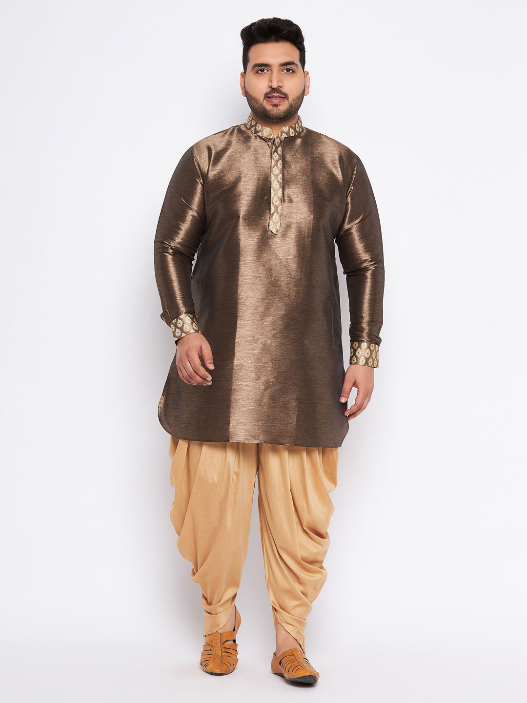 VASTRAMAY Men's Plus Size Gold Silk Blend Curved Kurta And Dhoti Set