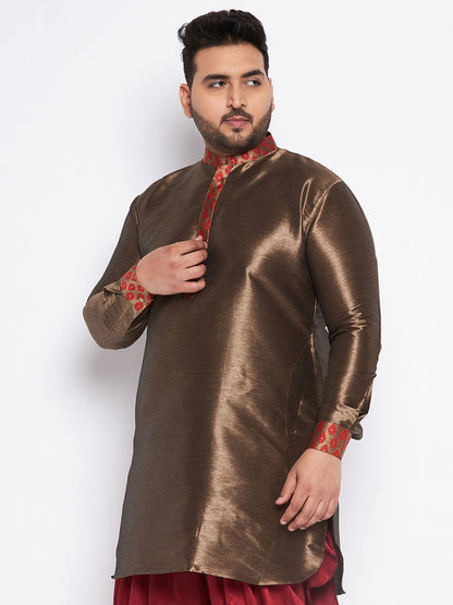 VASTRAMAY Men's Plus Size Maroon Silk Blend Curved Kurta