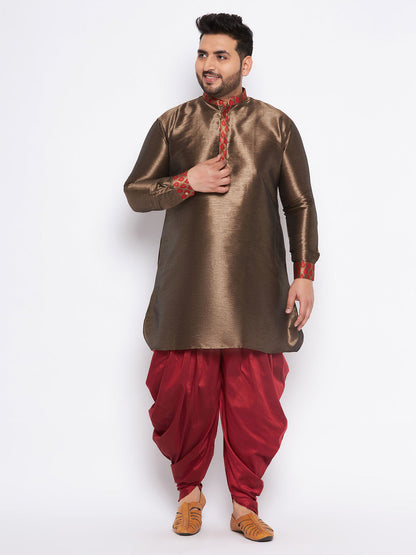 VASTRAMAY Men's Plus Size Maroon Silk Blend Curved Kurta And Dhoti Set