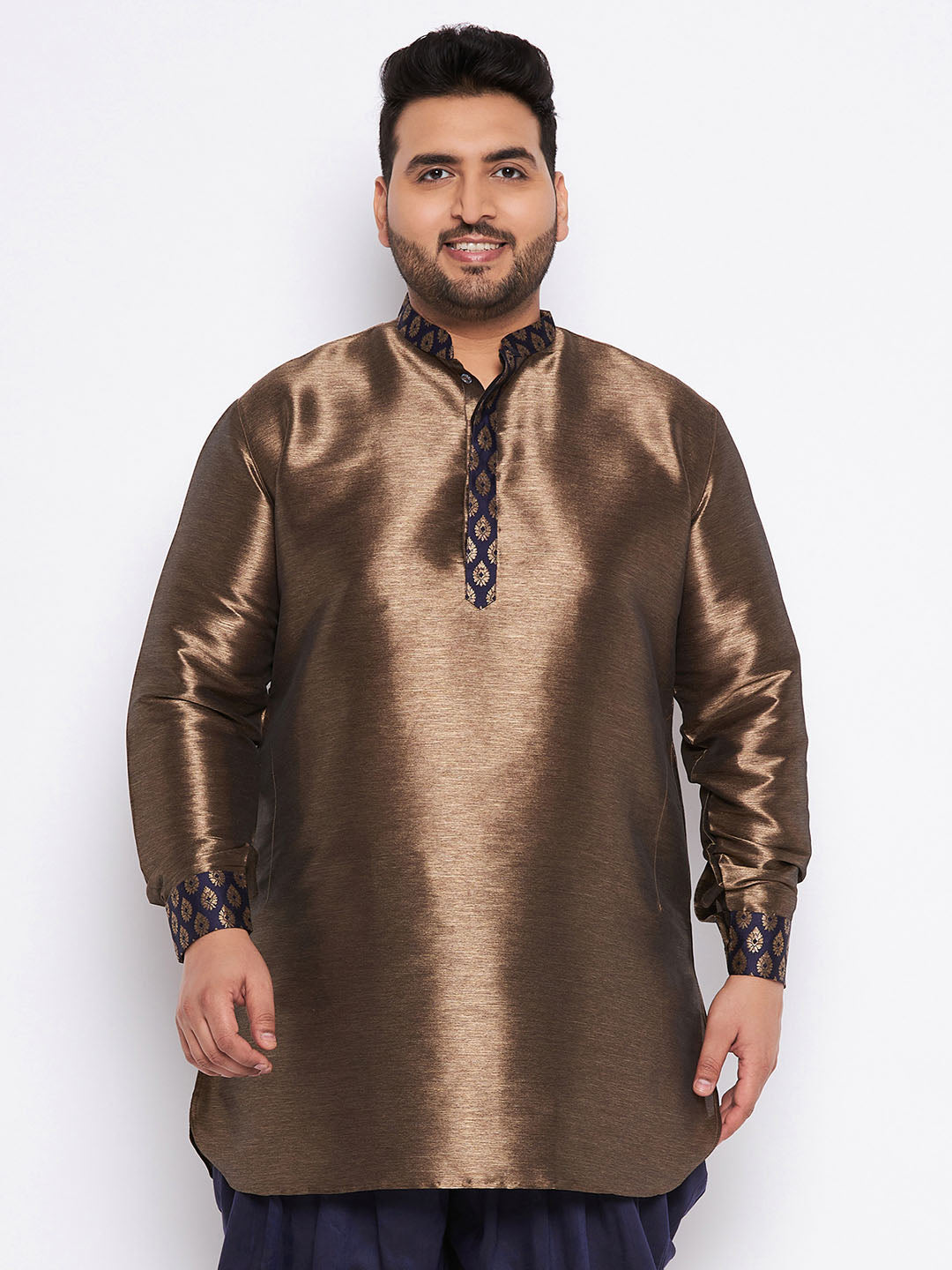 VASTRAMAY Men's Plus Size Navy Blue Silk Blend Curved Kurta