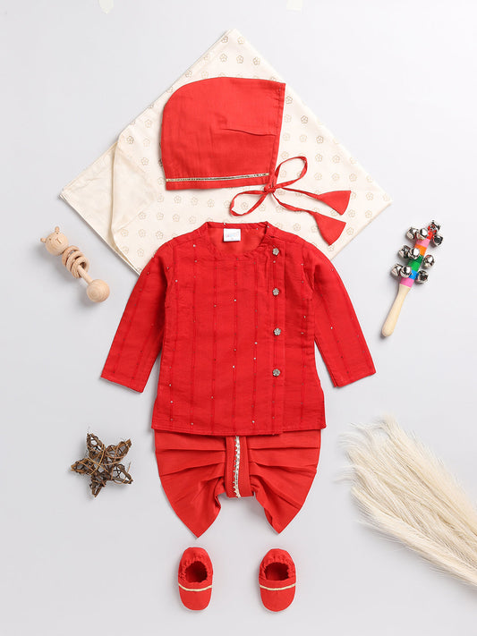 VASTRAMAY SISHU Boys Red Chanderi Ethnic Combo Set