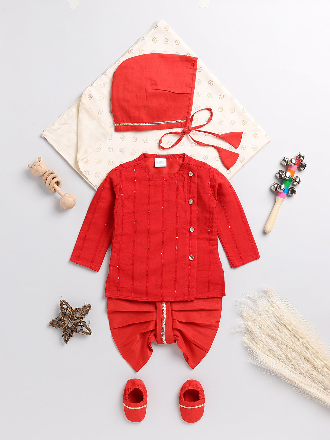 VASTRAMAY SISHU Boys Red Chanderi  Ethnic Combo Set