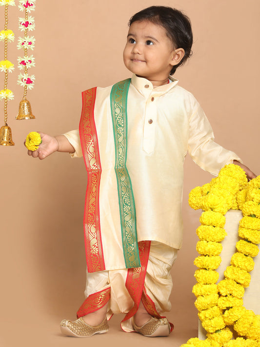 Vastramay SISHU Boy's Gold-Toned Kurta with Dhoti Pants & With Dupatta