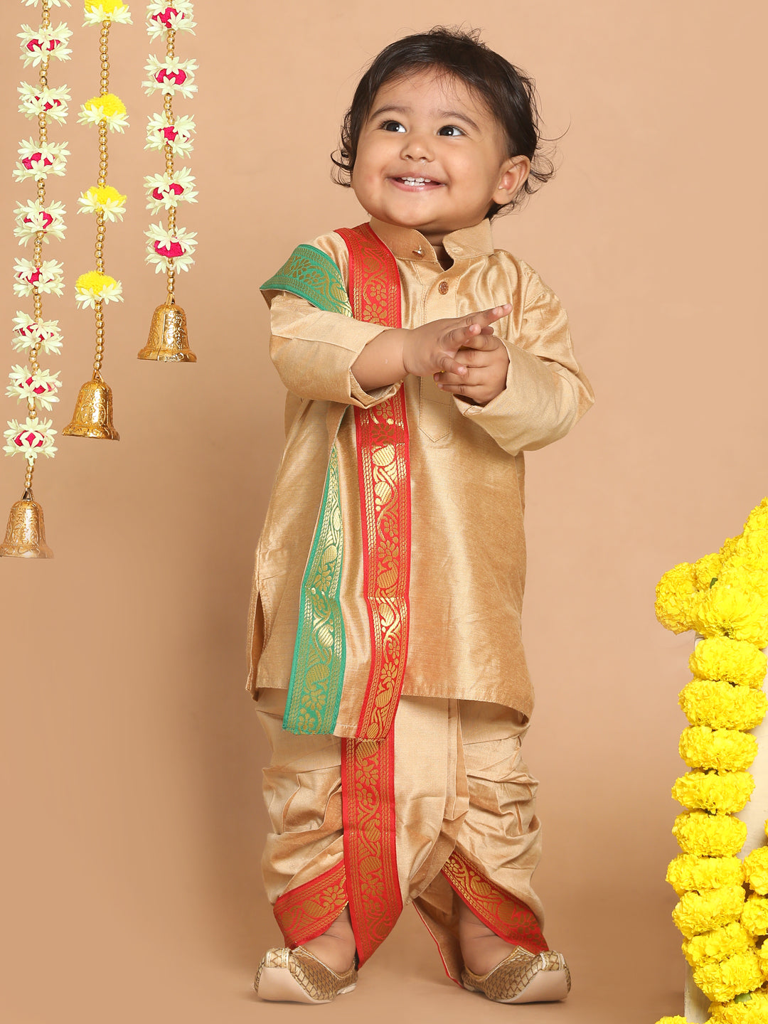 Vastramay SISHU Boy's Rose Gold Kurta with Dhoti Pants & With Dupatta Set