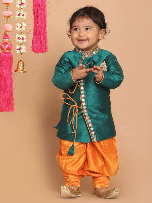 Vastramay SISHU Boy's Green Embroidered Angrakha Mirror Work Kurta with Dhoti Pants