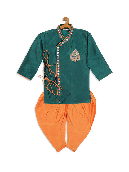 Vastramay SISHU Boy's Green Embroidered Angrakha Mirror Work Kurta with Dhoti Pants