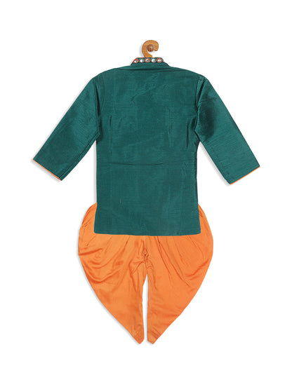 Vastramay SISHU Boy's Green Embroidered Angrakha Mirror Work Kurta with Dhoti Pants