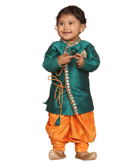 Vastramay SISHU Boy's Green Embroidered Angrakha Mirror Work Kurta with Dhoti Pants