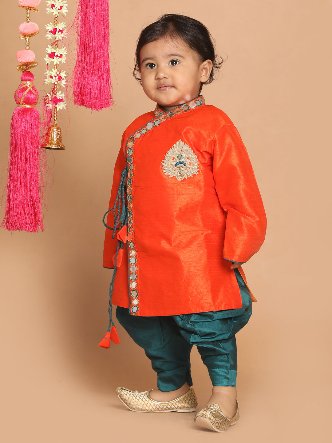 Vastramay SISHU Boys Orange Embroidered Angrakha Mirror Work Kurta With Dhoti Pants