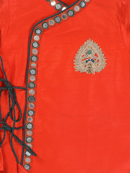 Vastramay SISHU Boys Orange Embroidered Angrakha Mirror Work Kurta With Dhoti Pants