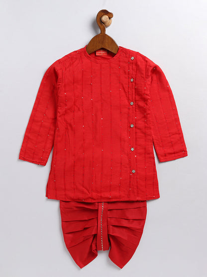 VASTRAMAY SISHU Boy's Red Embellished Angrakha Kurta Dhoti Set