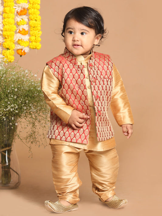 Vastramay SISHU Boys Gold-Toned & Maroon Woven Design Nehru Jackets