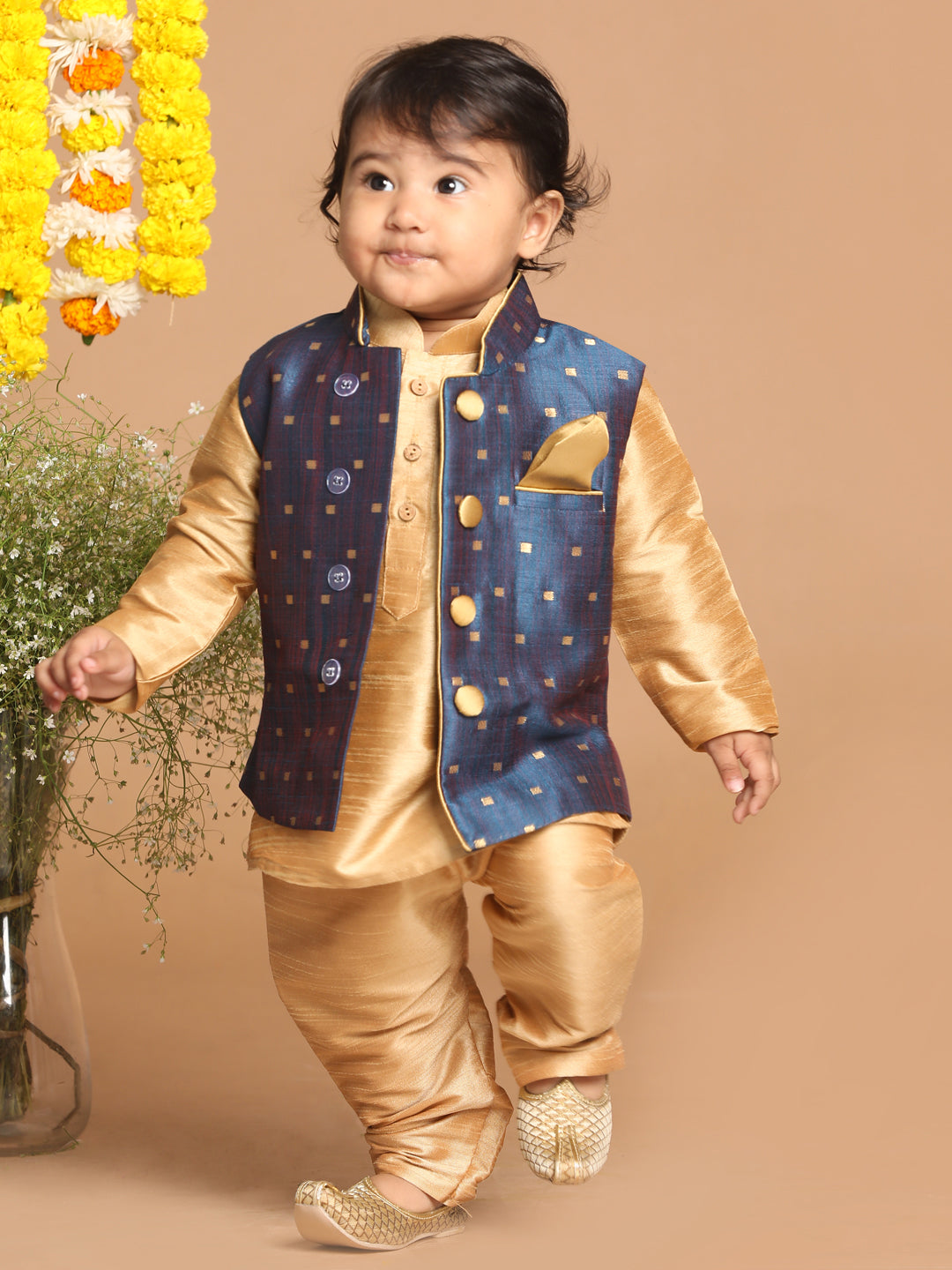 Vastramay SISHU Boy's Rose Gold Kurta Pyjama With Blue Woven Nehru Jacket