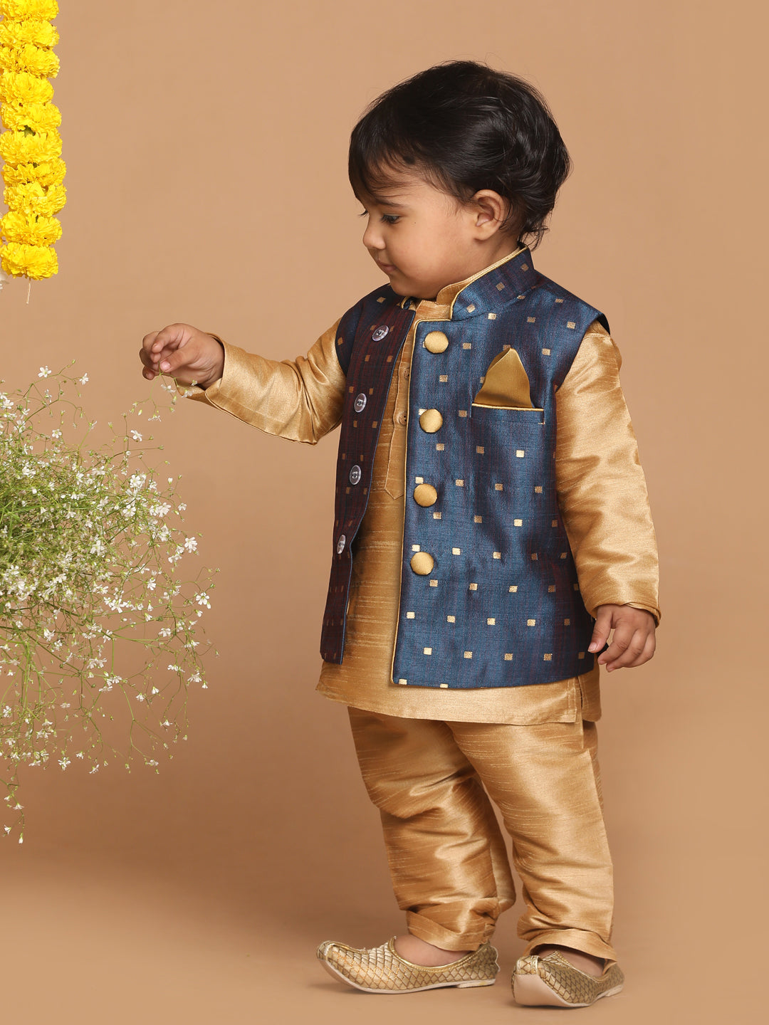 Vastramay SISHU Boy's Rose Gold Kurta Pyjama With Blue Woven Nehru Jacket