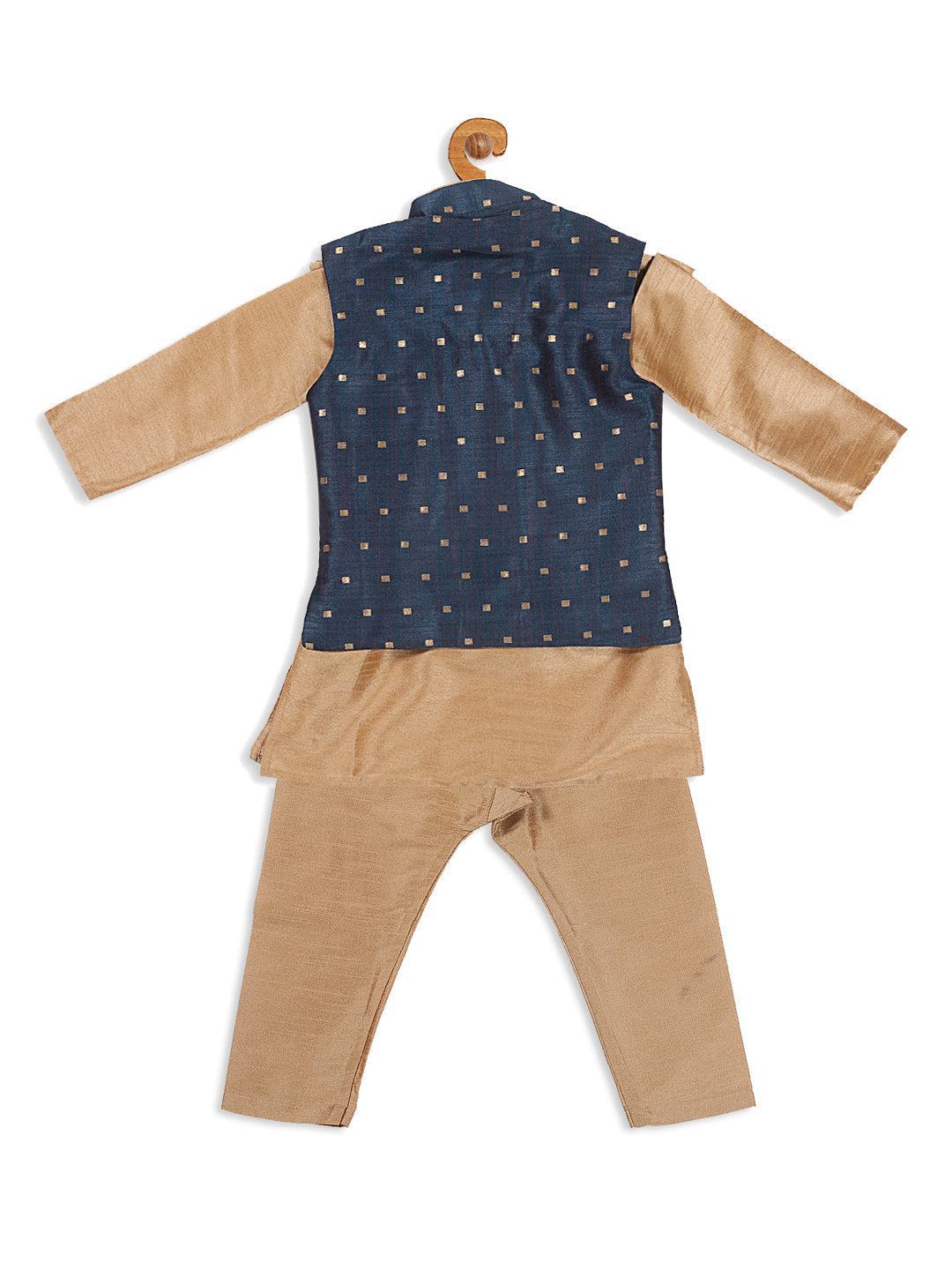 Vastramay SISHU Boy's Rose Gold Kurta Pyjama With Blue Woven Nehru Jacket